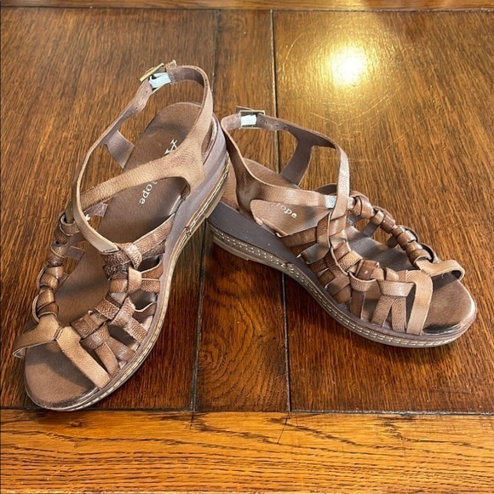 Antelope Garrison Brown Coffee Leather Strappy wedge Platform Sandals 38 7.5-8